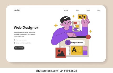 Dedicated Web Designer Crafting Sites. A skilled professional develops responsive designs and user-friendly interfaces with a touch of modern aesthetics. Flat vector illustration