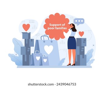 Dedicated woman emphasizes the importance of supporting underprivileged families. Generosity manifested in donated goods, promoting compassion and unity. Aid and love symbols. Flat vector illustration