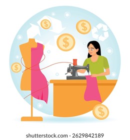 A dedicated woman using a sewing machine to create a dress, surrounded by symbols of sustainability and economic growth, emphasizing creativity and eco-conscious design. Waste Reduction Concept.