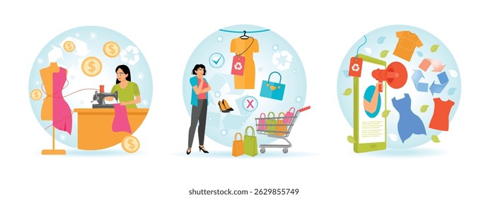 Uma mulher dedicada usando uma máquina de costura para criar um vestido. Mentalidade sobre compras sustentáveis. Moda sustentável colorida com um tema de reciclagem e aplicação móvel. Conceito de redução de resíduos.