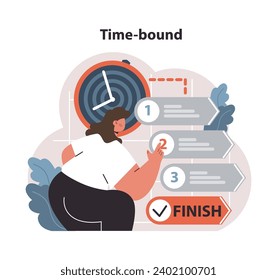 Trabajador dedicado a navegar por tiempo limitado en objetivos SMART. La presencia del reloj, hitos paso a paso que conducen al final. Puntualidad, urgencia, progresión. Ilustración vectorial plana