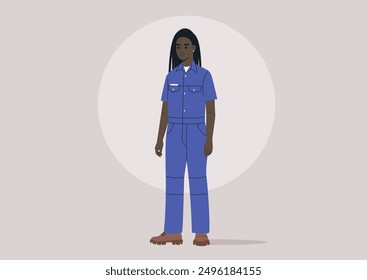 Dedicated Worker stands Confidently in a blue uniform, showcasing professionalism and readiness to work