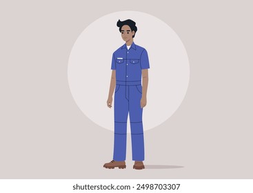 Dedicated Worker stands Confidently in a blue uniform, showcasing professionalism and readiness to work