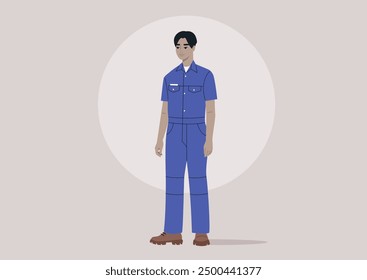 Dedicated Worker stands Confidently in a blue uniform, showcasing professionalism and readiness to work