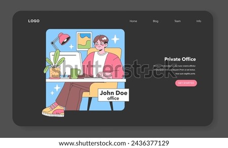 Dedicated workspace concept. A focused individual engrossed in his tasks at his personalized office desk, adorned with essential accessories and framed artwork. Productivity at its peak. Flat vector