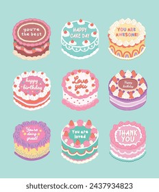 Dedication cakes for birthday party, greetings, motivation and other celebration vector illustration stickers