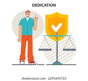 Concepto de dedicación. Caracterizar la lealtad corporativa y el compromiso personal. Colaboración y fomento de la amistad. Ilustración vectorial plana