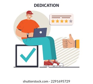 Dedication concept. Character corporate loyalty and personal commitment. Successful career building, confident employee with a laptop. Flat vector illustration