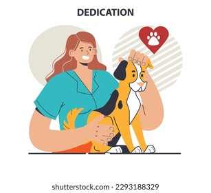 Dedication concept. Character hugging a dog. Loyalty and personal commitment. Partnership and friendship building. Flat vector illustration