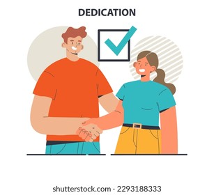 Concepto de dedicación. Caracteres de lealtad corporativa y compromiso personal. Colaboración y fomento de la amistad. Ilustración vectorial plana