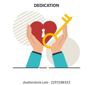 Concepto de dedicación. Lealtad corporativa y compromiso personal. Colaboración y fomento de la amistad. Ilustración vectorial plana