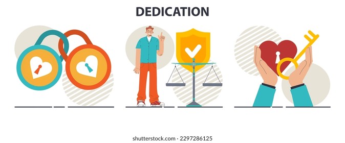 Dedication concept set. Characters corporate loyalty and personal commitment. Partnership and friendship building. Flat vector illustration