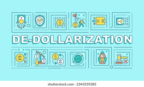 De-dollarization text with various icons on blue monochromatic background, 2D vector illustration.