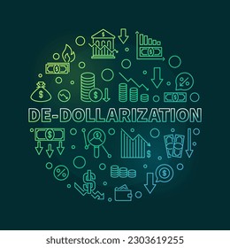 De-Dollarization vector concept round colored thin line banner. USD Currency Dedollarisation illustration with dark background 