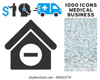 Deduct Building icon with 1000 medical commercial gray and blue vector pictograms. Design style is flat bicolor symbols, white background.