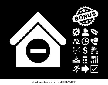 Deduct Building icon with bonus icon set. Vector illustration style is flat iconic symbols, white color, black background.
