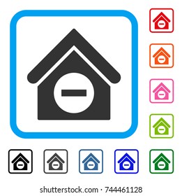 Deduct Building icon. Flat grey iconic symbol inside a blue rounded rectangular frame. Black, gray, green, blue, red, orange color versions of Deduct Building vector. Designed for web and software UI.