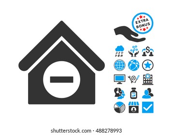 Deduct Building pictograph with bonus pictograph collection. Vector illustration style is flat iconic bicolor symbols, blue and gray colors, white background.