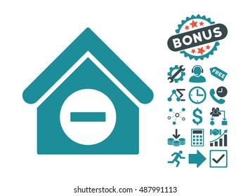 Deduct Building pictograph with bonus pictogram. Vector illustration style is flat iconic bicolor symbols, soft blue colors, white background.