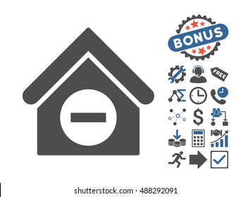 Deduct Building pictograph with bonus symbols. Vector illustration style is flat iconic bicolor symbols, cobalt and gray colors, white background.