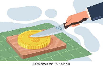 Deduction tax or debt. Hand cutting off piece with knife. Payment of loan interest. Budget reduction. Person slicing coin. Banking commission percent. Financial obligation. Vector concept