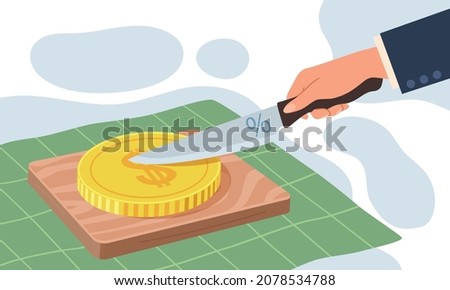 Deduction tax or debt. Hand cutting off piece with knife. Payment of loan interest. Budget reduction. Person slicing coin. Banking commission percent. Financial obligation. Vector concept