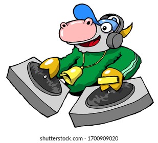 deejay cow playing vinyl records on hip hop music party farm animal festival