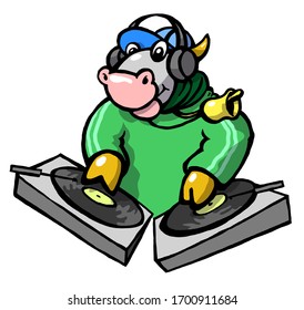 deejay cow playing vinyl records on hip hop music party farm animal festival