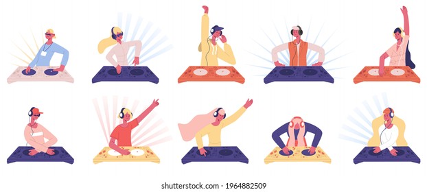 Deejays people. Male and female dj characters with headphones playing music isolated vector illustration set. Dj music party entertainment characters. Discotheque dance, man nightlife festival