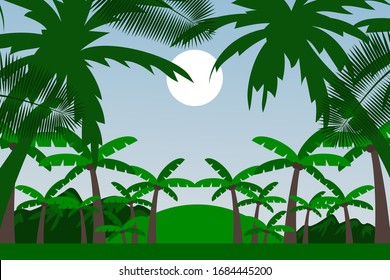 Deep Amazon grüner Dschungelhintergrund Vektorillustration Illustration. Tropische Waldlandschaft, schöne Umgebung im Freien Sommerwalddschungel.