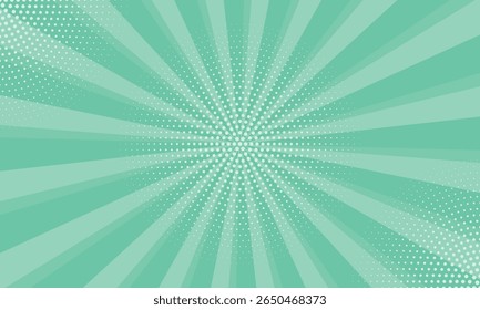 Deep aqua green abstract background with light of sunburst. Abstract starburst with halftone. Sun ray retro background with flash,