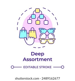 Tiefes Sortiment Multi-Farbe Konzept Symbol. Sortimentsplanungsmodell. Verschiedene Optionen eines Produktes. Darstellung der runden Formlinie. Abstrakte Idee. Grafikdesign. Einfach in Artikel zu verwenden