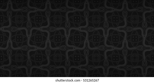 Deep black color decorative seamless pattern background in indian style. Complex mosaic repeatable backdrop.