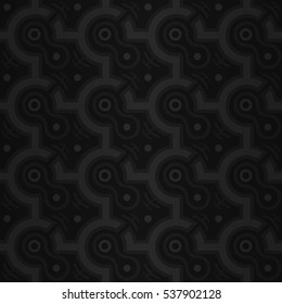 Deep black color fancy seamless pattern in primitive style. Smooth tessellated repeatable backdrop. Shining, graphical design for ads, wallpaper, fabric or other purpose. Actual tracery.