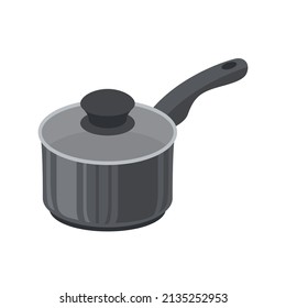 Deep black frying pan with lid. Vector illustration. 
