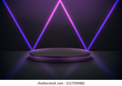 Deep black room with podium and neon lights. 3d vector premium showcase for display products