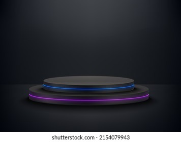 Deep black room with podium and neon glow. 3d vector premium showcase for display products Adlı Stok Vektör