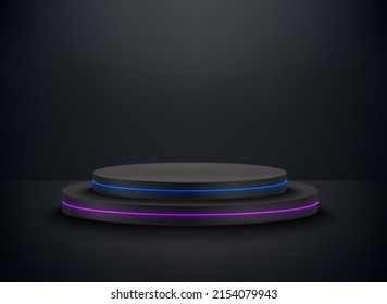 Deep black room with podium and neon glow. 3d vector premium showcase for display products