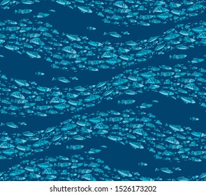 Deep blue abstract fish school seamless pattern for background, wrap, fabric, textile, wrap, surface, web and print design. wave shape decorative fish rapport for fishong, nature, vacation projects.