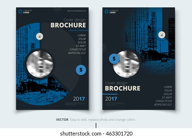 Deep Blue Annual Report design. Corporate business template for brochure, catalog, magazine. Layout with modern abstract circles and dark background, round shape. Creative poster, flyer concept