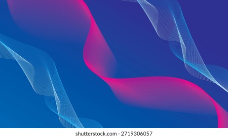 Un fondo azul profundo está adornado con ondas fluidas y translúcidas de líneas rosas y blancas que crean un patrón dinámico.