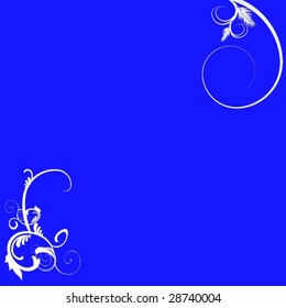 a deep blue background with white curls patterns in corners