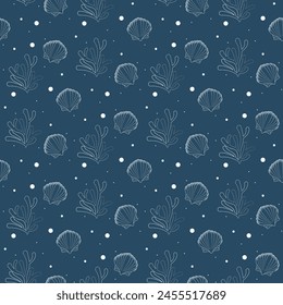 deep blue background with white sketch silhouettes of sea shell