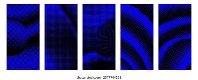 Deep blue and black abstract halftone backgrounds with optical illusion spheres and fluid waves. Great for digital artwork, posters, and modern branding projects.