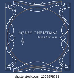 Deep blue Christmas card with artistic twist, combining gold and white lines with festive greeting. Vector illustration. Concept of winter holiday. Postcard, invitation, greetings template. Art deco
