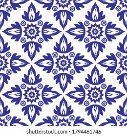 Deep blue color modern simple flower motif seamless pattern flat vector for wallpaper, packaging and textile. Geometric abstract ethnic repeat pattern for tile.