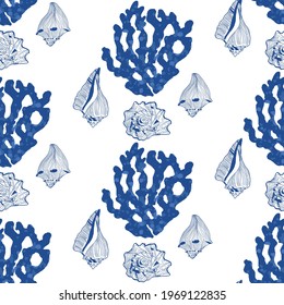 Deep blue coral and conch shells on dark. Designed in seamless repeat pattern. Ideal to be used in combination with the Coral Reef hero pattern, or as a stand alone pattern. Great for beach house item