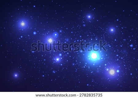 Deep blue cosmic space displaying numerous twinkling stars and luminous celestial bodies