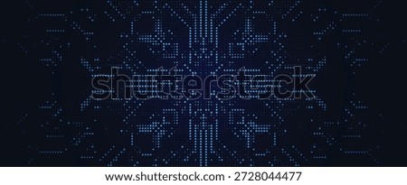 Deep blue digital technology background with symmetric square pixels and glowing circuit patterns for futuristic data network Vector Illustration