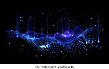Deep blue digital wave with glowing particles. Cybernetic ocean abstract data visualization. AI-inspired liquid tech background 3D. Holographic particle sea for metaverse. Vector background